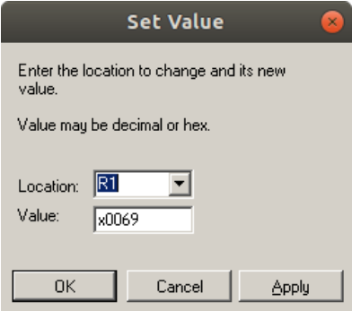 LC-3 Debugging Register Set dialog: select a register in Location, enter a value, click Apply to set, then OK to confirm