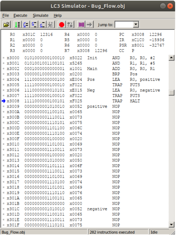 LC-3 simulator view of a program flow bug: after printing the positive message, execution falls through to the negative section because a branch to Done is missing