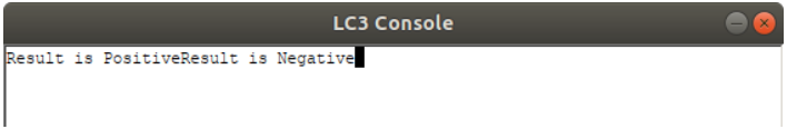 LC-3 console output showing both messages printed without a line break between them: "Result is PositiveResult is Negative"
