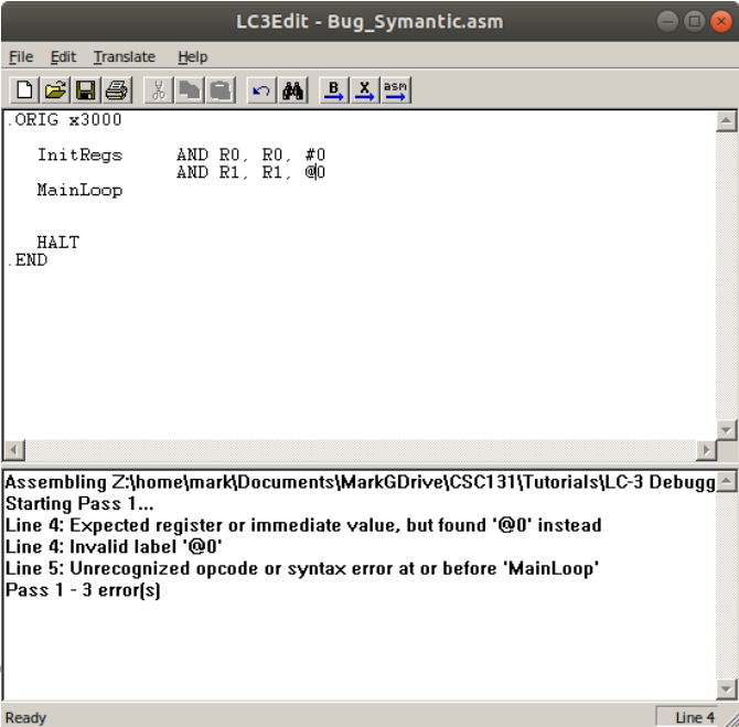 LC-3 assembly code with a syntactic bug: AND R1, R1, @0 uses invalid @ prefix for an immediate value; the assembler reports "Expected register or immediate value, but found '@0' instead" on line 4
