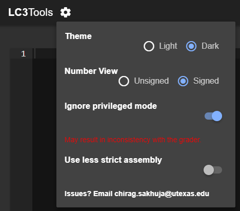 LC3Tools Settings panel: Number View set to Signed, Ignore Privileged Mode enabled, Use Less Strict Assembly disabled