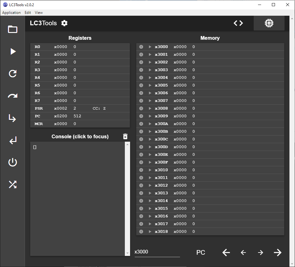 LC3Tools Simulator window showing run controls on the left and registers, memory, and I/O console in the main area