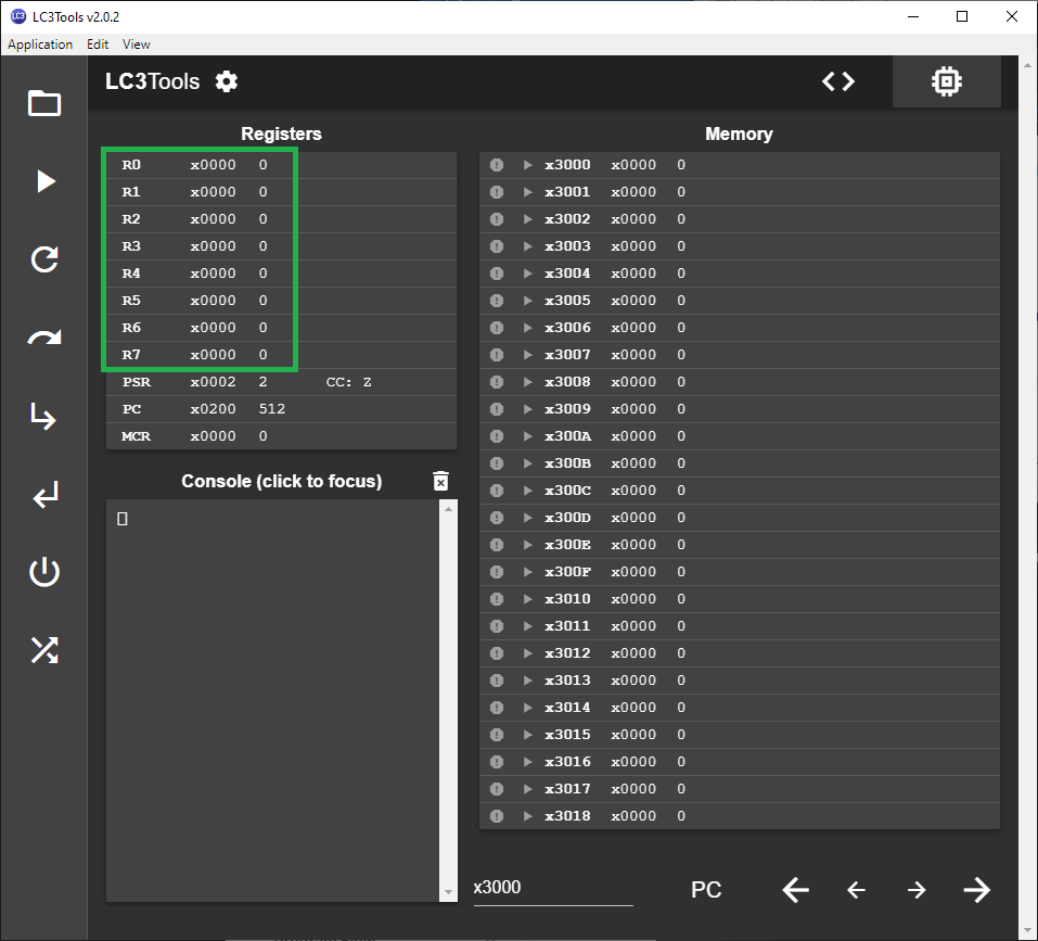 LC3Tools Simulator register panel showing R0 through R7 general-purpose registers and the Program Counter